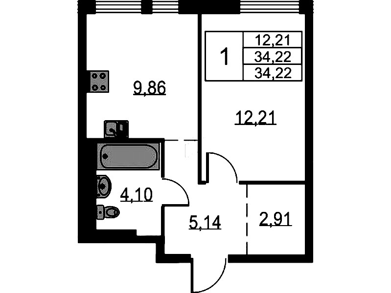 1-комнатная квартира 34.22 м², 13/17 эт., ЖК «Невская Долина»